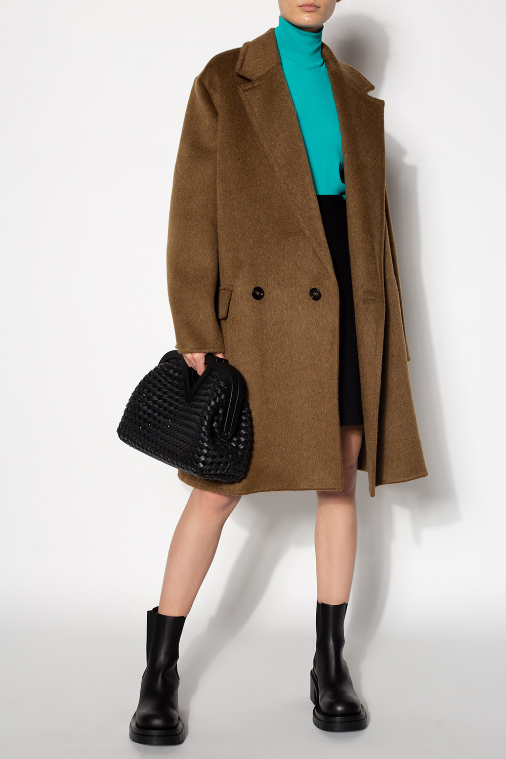 【関税&送料込】Bottega Veneta Coat Black Convertible intrecciato leather-trimmed cotton-blend